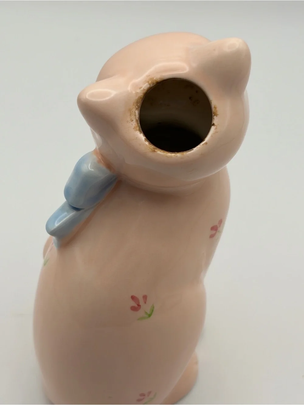 Vintage Takahashi Pink Cat Vase Blue Eyes Blue Bow Ceramic Floral Kitty Planter